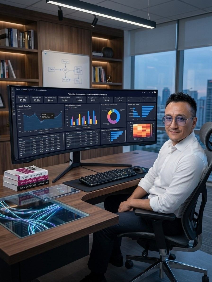Danilo Cabezas revisando un flujo de automatización en su oficina
