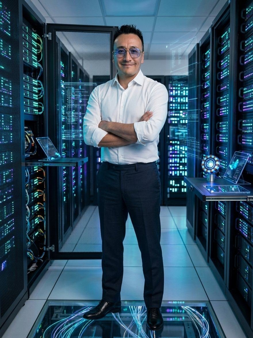 Danilo Cabezas, fundador de una agencia de inteligencia artificial y automatización en LATAM, de pie en un centro de datos